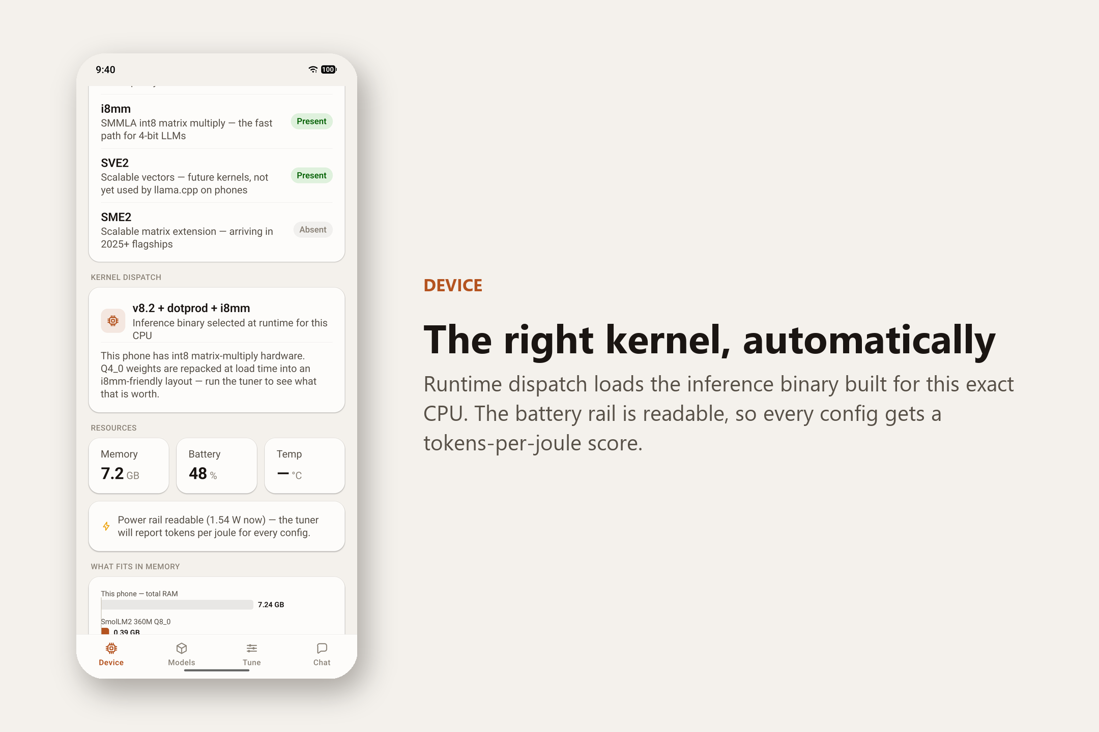 Device tab — “The right kernel, automatically”. Runtime dispatch loads the inference binary built for this exact CPU, and every config gets a tokens-per-joule score.
