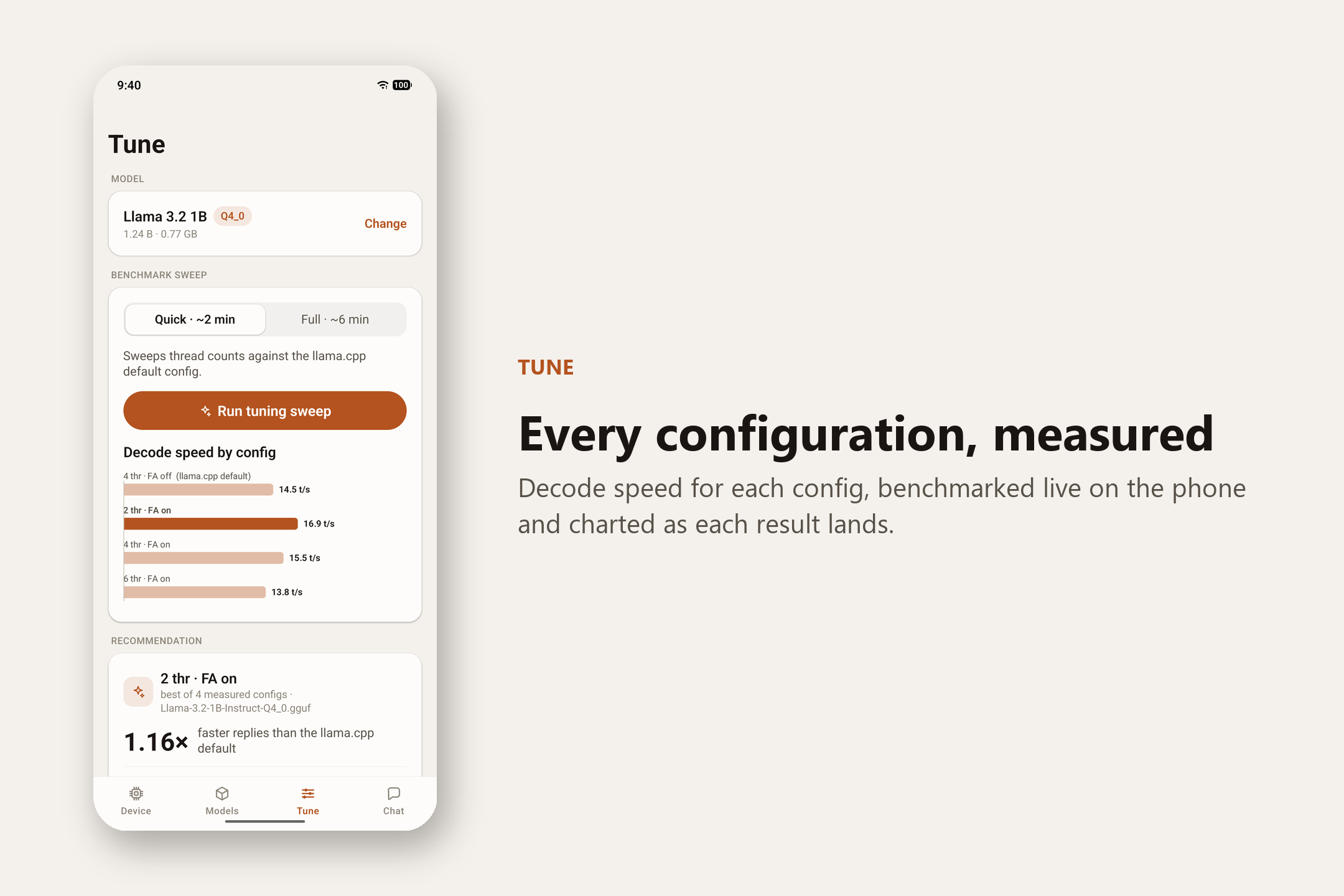 Tune tab — “Every configuration, measured”. Decode speed for each config, benchmarked live on the phone and charted as each result lands.