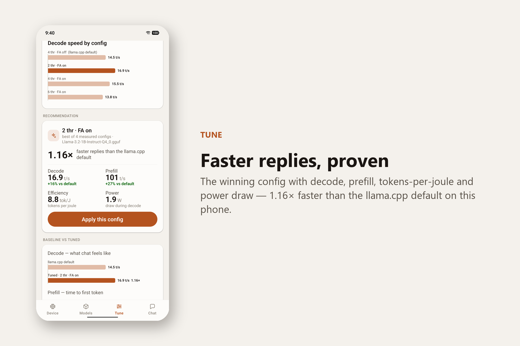 Tune tab — “Faster replies, proven”. The winning config with decode, prefill, tokens-per-joule and power draw: 1.16× faster than the llama.cpp default on this phone.