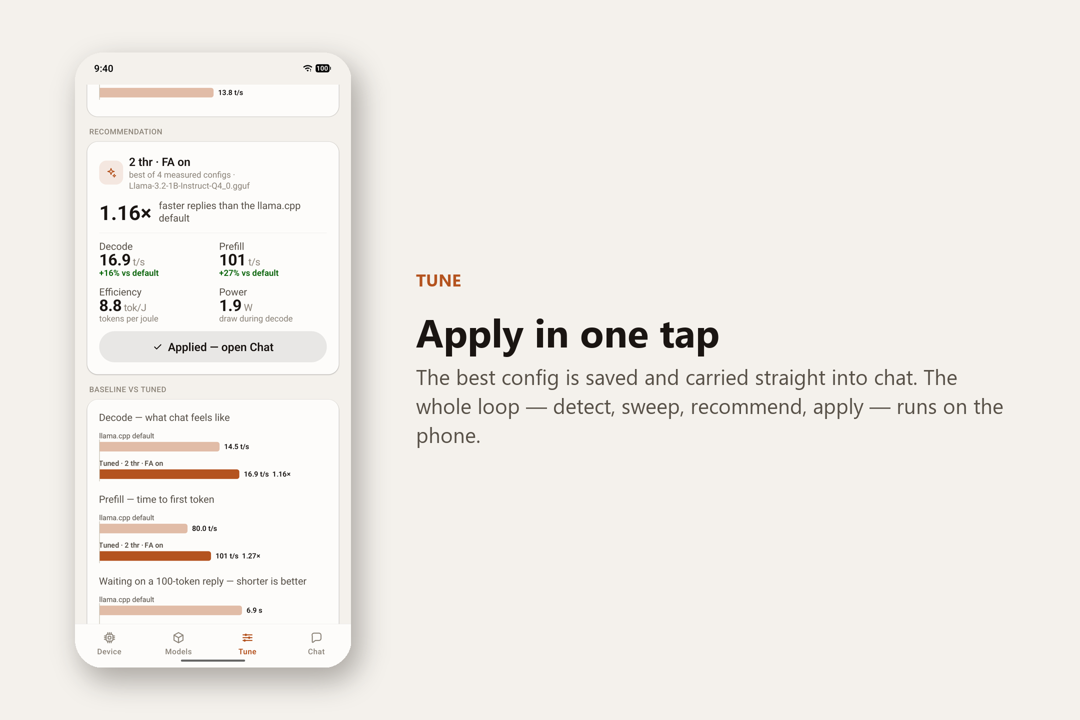 Tune tab — “Apply in one tap”. The best config is saved and carried straight into chat; the whole loop of detect, sweep, recommend and apply runs on the phone.