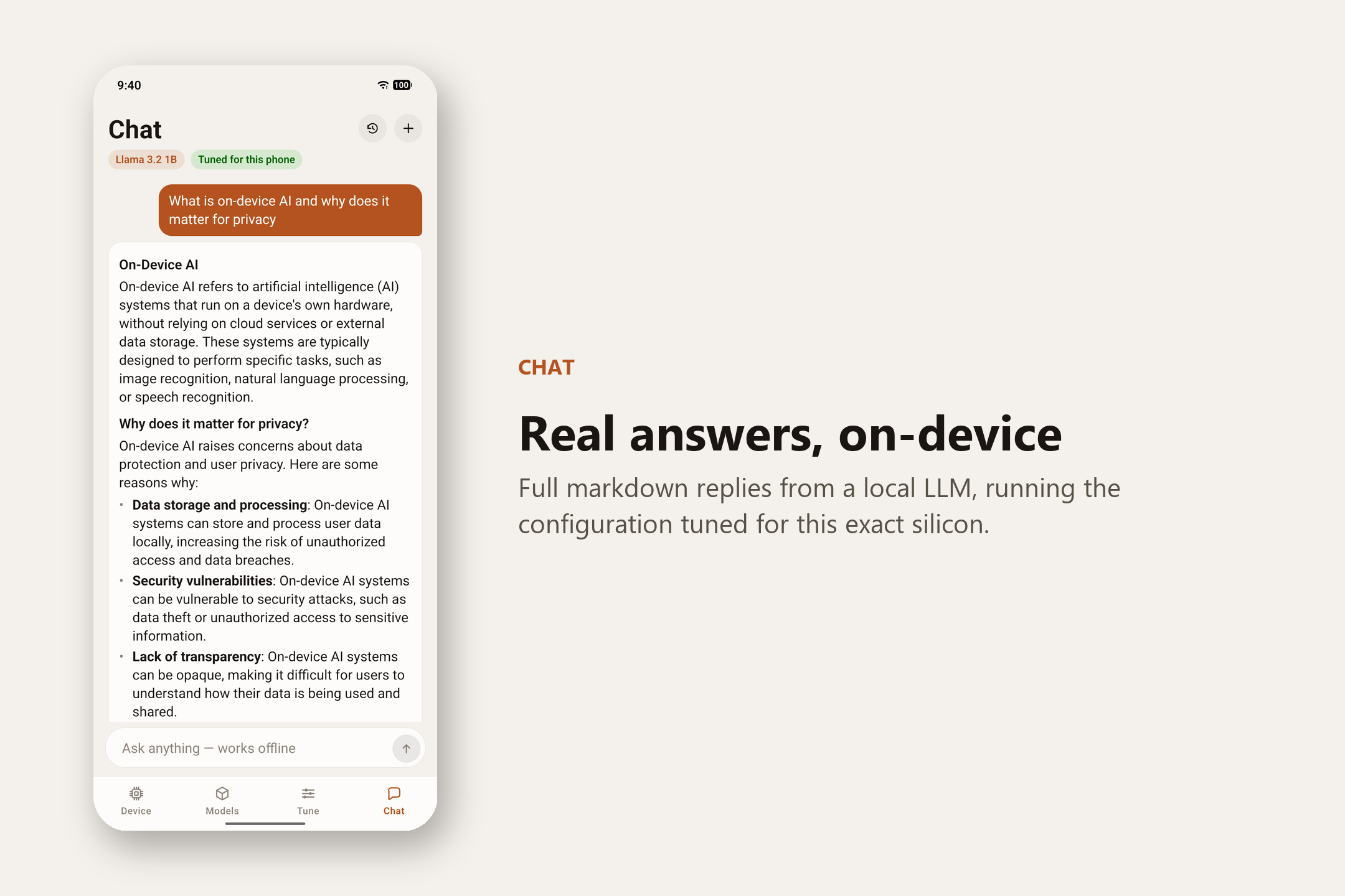 Chat tab — “Real answers, on-device”. Full markdown replies from a local LLM running the configuration tuned for this exact silicon.