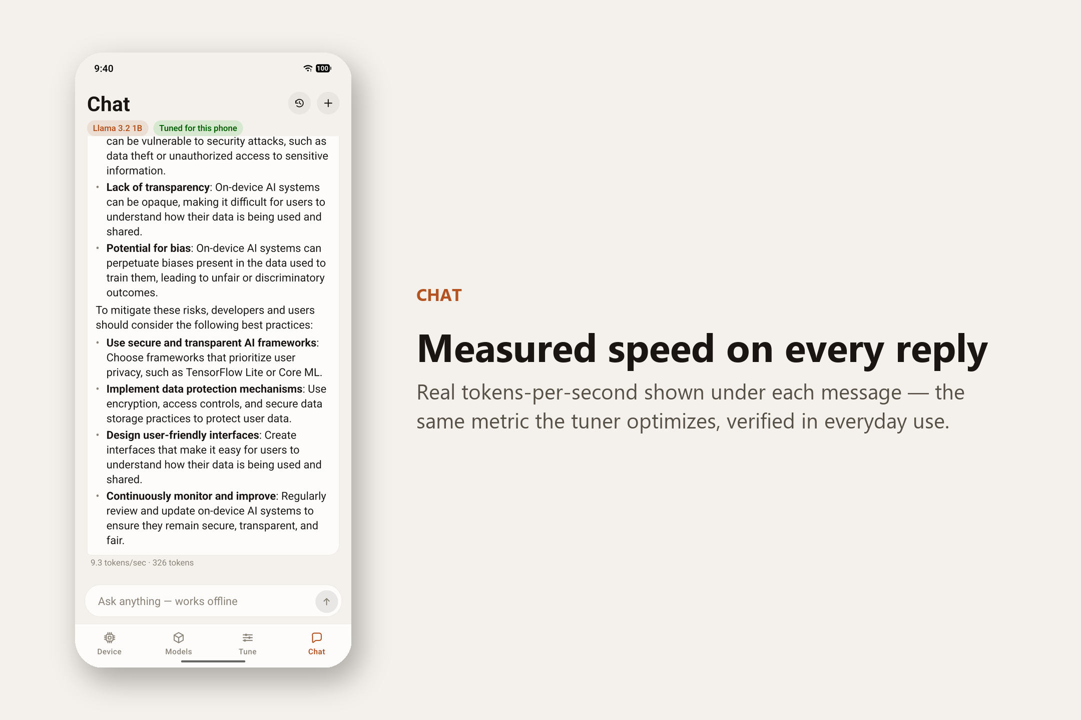 Chat tab — “Measured speed on every reply”. Real tokens-per-second under each message — the same metric the tuner optimizes, verified in everyday use.